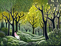 Woman sleeping on a tree in springtime forest. linoleum by havelmomente