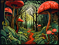 Autumn time in forest with mushrooms. Linocut by havelmomente