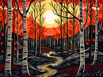 Autumn time linolcut with birch tree and sundown by havelmomente