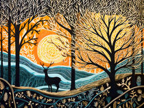 Abstract winter forest with deer in the sun. Linoleum by havelmomente