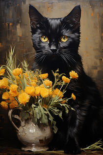 Black Cat and Flowers - Schwarze Katze und Blumen by Erika Kaisersot