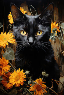 Black Cat and Flowers - Schwarze Katze und Blumen von Erika Kaisersot