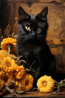 Black Cat and Flowers - Schwarze Katze und Blumen von Erika Kaisersot