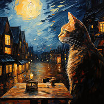 Orange Cat and Cafe Terrace at Night - Orangefarbene Katze und Café-Terrasse bei Nacht by Erika Kaisersot