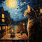 'Orange Cat and Cafe Terrace at Night - Orangefarbene Katze und Café-Terrasse bei Nacht' by Erika Kaisersot