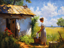 Frau hängt Wäsche auf vor kleiner Hütte. Ostsee im Hintergrund