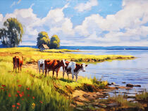 Herde Kühe steht am Bodden der Ostsee. Impressionismus