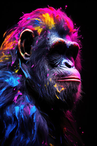 Ape-with-neon-bodypaint-black-background-artwork-on-canvas