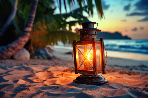 Lantern-at-a-tropical-beach-digital-artwork-framed-art-print