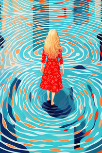 'Träumen am Pool | Rotes Kleid und hellblaue Kreise' von Frank Daske