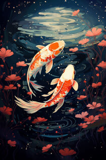 Japanische Rote Kois im dunklen Teich by Frank Daske