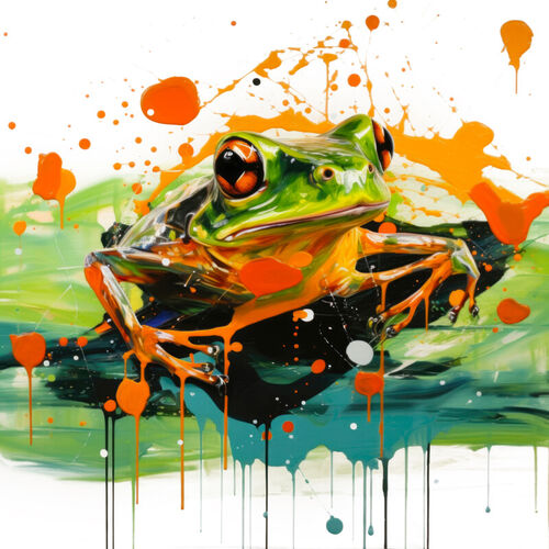 Frosch-in-gruen-und-orange-abstraktes-gemaelde-auf-leinwand-acrylglas-dibond-kopie