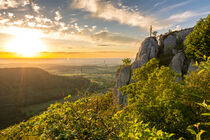 Beautiful sunset over rock ledge and forest in the Swabian Alps in Southern Germany
