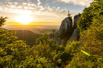 Beautiful sunset over rock ledge and forest in the Swabian Alps in Southern Germany