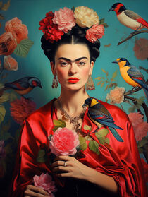 'Portrait Frida Kahlo mit Vögeln und Rosen' by Frank Daske