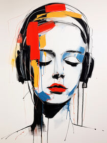 Frau mit Kopfhörern hört Musik | Acryl Malerei auf Papier von Frank Daske
