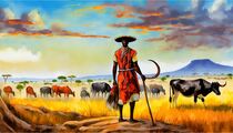A Maasai Herds His Cattle in the Colorful Savanna of Tanzania von Gina Koch