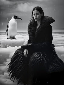 Antarktis | Fotomodell mit Pinguin | Schwarz-Weiß Fotografie by Frank Daske