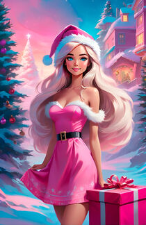 Beautiful girl in pink dress and Santa Claus hat with gift box near Christmas tree. von moonbloom