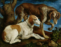 Two Hunting Dogs Tied to a Tree Stump von Jacopo Bassano