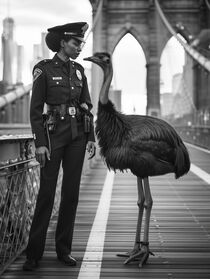 NYPD Police Officer und Emu auf der Brooklyn Bridge in New York City by Frank Daske