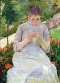 Young Woman Sewing in the garden by Mary Stevenson Cassatt
