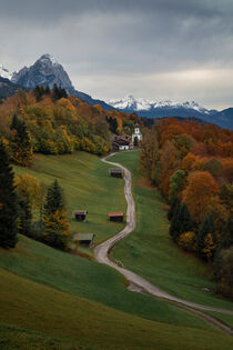 Bavarian Alps with church of Wamberg in Garmisch-Partenkirchen during autumn  by Bastian Linder