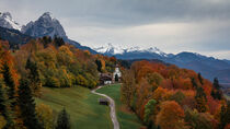Bavarian Alps with church of Wamberg in Garmisch-Partenkirchen during autumn 
