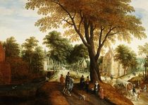 Elegant Horsemen and figures on a path in front of a chateau  von Sebastian Vrancx
