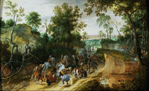A Cavalry Column Ambushed on a Woodland path  by Sebastian Vrancx