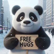 Niedlicher Pandabär mit Schild "Free Hugs" in einer verschneiten Großstadt by Dieter Stahl