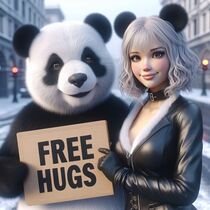 Junge Frau und Panda heben Schild mit "Free Hugs" by Dieter Stahl