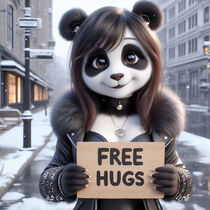 Niedlicher, weiblicher Panda hält Schild mit "Free Hugs" hoch