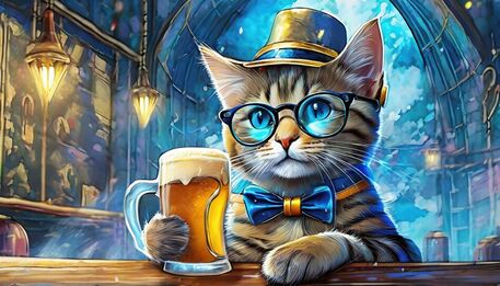 Katze-mit-brille-und-hut-in-einer-bar-und-trinkt-ein-bier