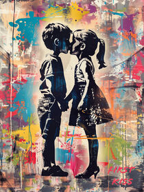 Der erste Kuss | First Kiss | Banksy Style Street Art Graffiti von Frank Daske