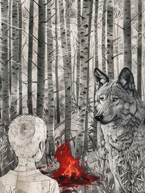 Erik, das Lagerfeuer und der Wolf | Mixed Media von Frank Daske
