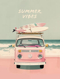Summer Vibes | Rosa VW Campingbus am Meer | Pink VW Camper Van on the Beach von Frank Daske