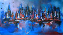 'Blue Skyline - abstrakte Malerei blau grau rot - abstraktes Kunstbild Skyline' von alexandra-brehm