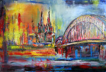 Kölner Dom und Brücke - Skyline Köln abstrakt gemalt blau rot gelb - Acryl Malerei by alexandra-brehm