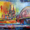 'Kölner Dom und Brücke - Skyline Köln abstrakt gemalt blau rot gelb - Acryl Malerei' von alexandra-brehm