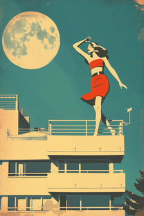 Frau schlafwandelt über der Stadt bei Vollmond | Retro Vintage Poster by Frank Daske