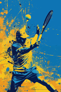 Tennis Spieler | Dynamisches Sport Action Painting in Blau und Gelb by Frank Daske