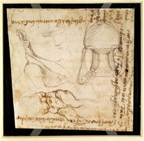 Page from a sketchbook with figure studies and notes  by Michelangelo Buonarroti