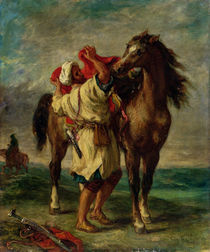 A Moroccan Saddling a Horse  by Ferdinand Victor Eugene Delacroix
