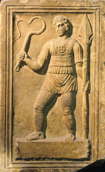 Relief depicting a gladiator holding a whip and a spear  by Roman