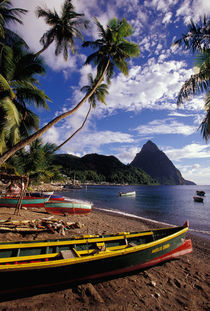 'Caribbean, BWI, St. Lucia, Fishing boats and Pitons, Soufriere.' by Danita Delimont
