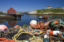Lobster pots, buoys, and ropes on the dock at Peggy's Cove