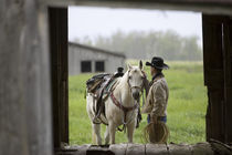 Cowboy with Horse in the Rain in Judith Gap Montana,  MR von Danita Delimont