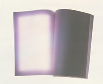 Blank pages of open book with light shining through one page by Panoramic Images