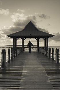 Silhouette of a person on a pier at dawn, Mahebourg, Mauritius von Panoramic Images
